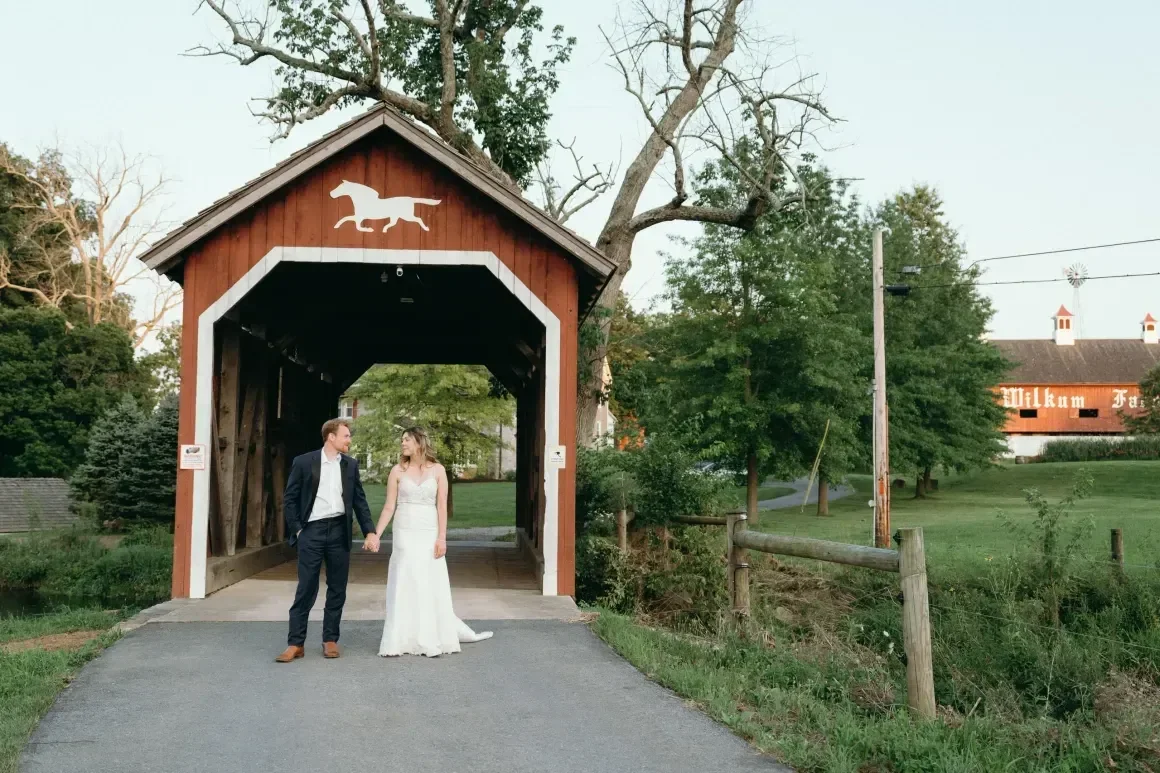 Foxglove Farm — couple at the Oley covered bridge