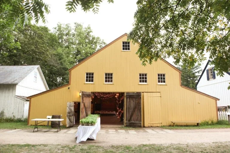 Landis Valley Village & Farm Museum — yellow barn and courtyard