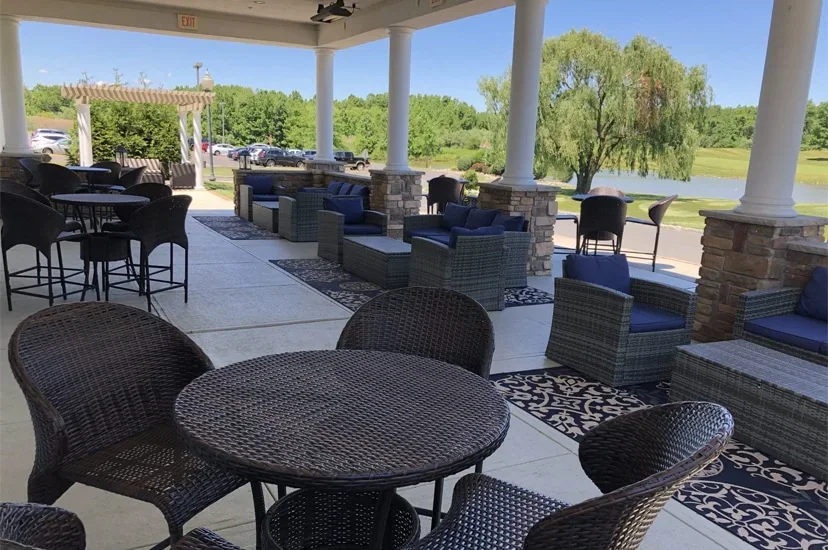 The Boathouse at Mercer Lake — covered terrace overlooking the lake
